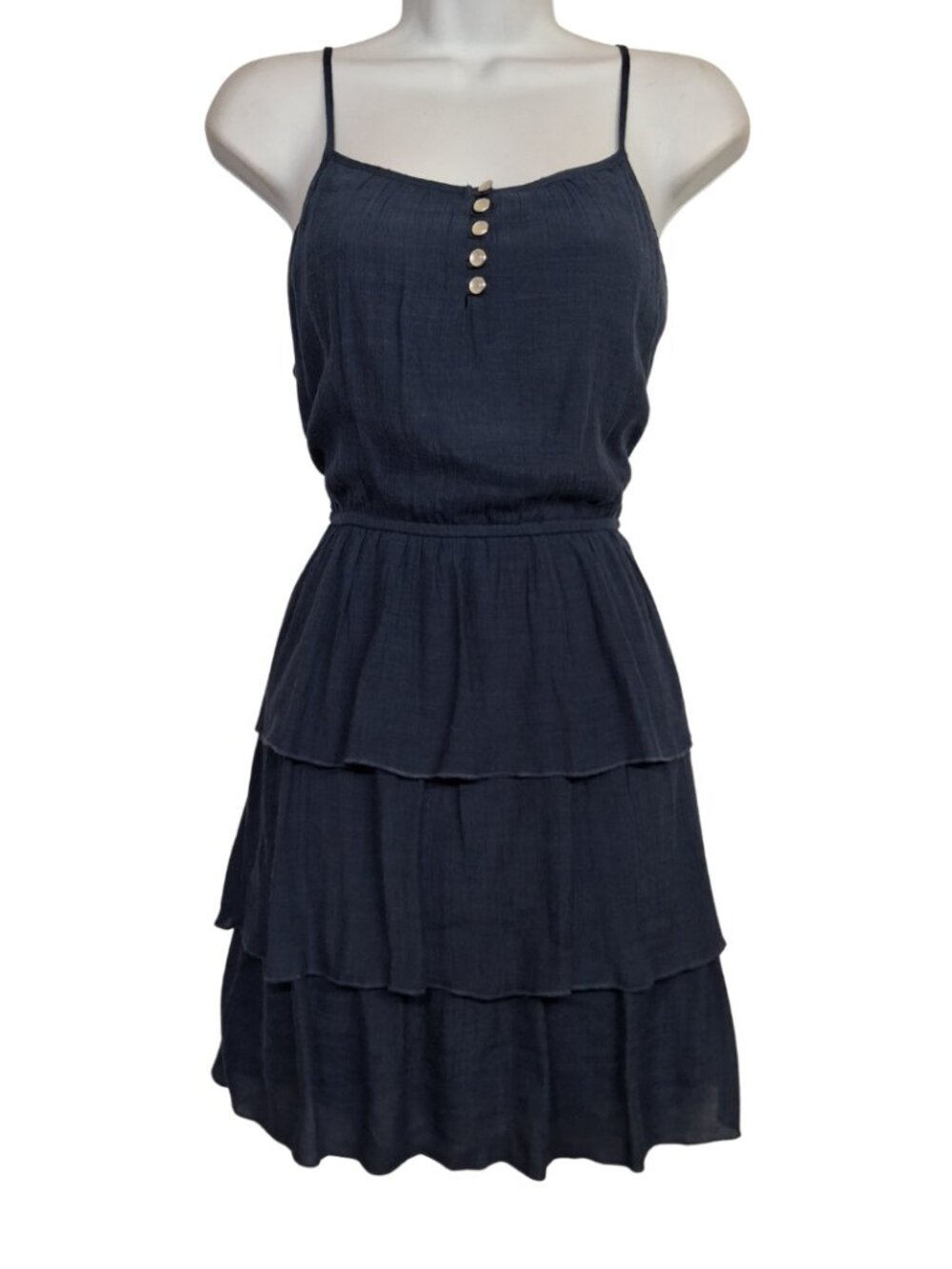 AS U WISH Tiered Dress Navy Blue Pearl Button Sleeveless Dress Medium